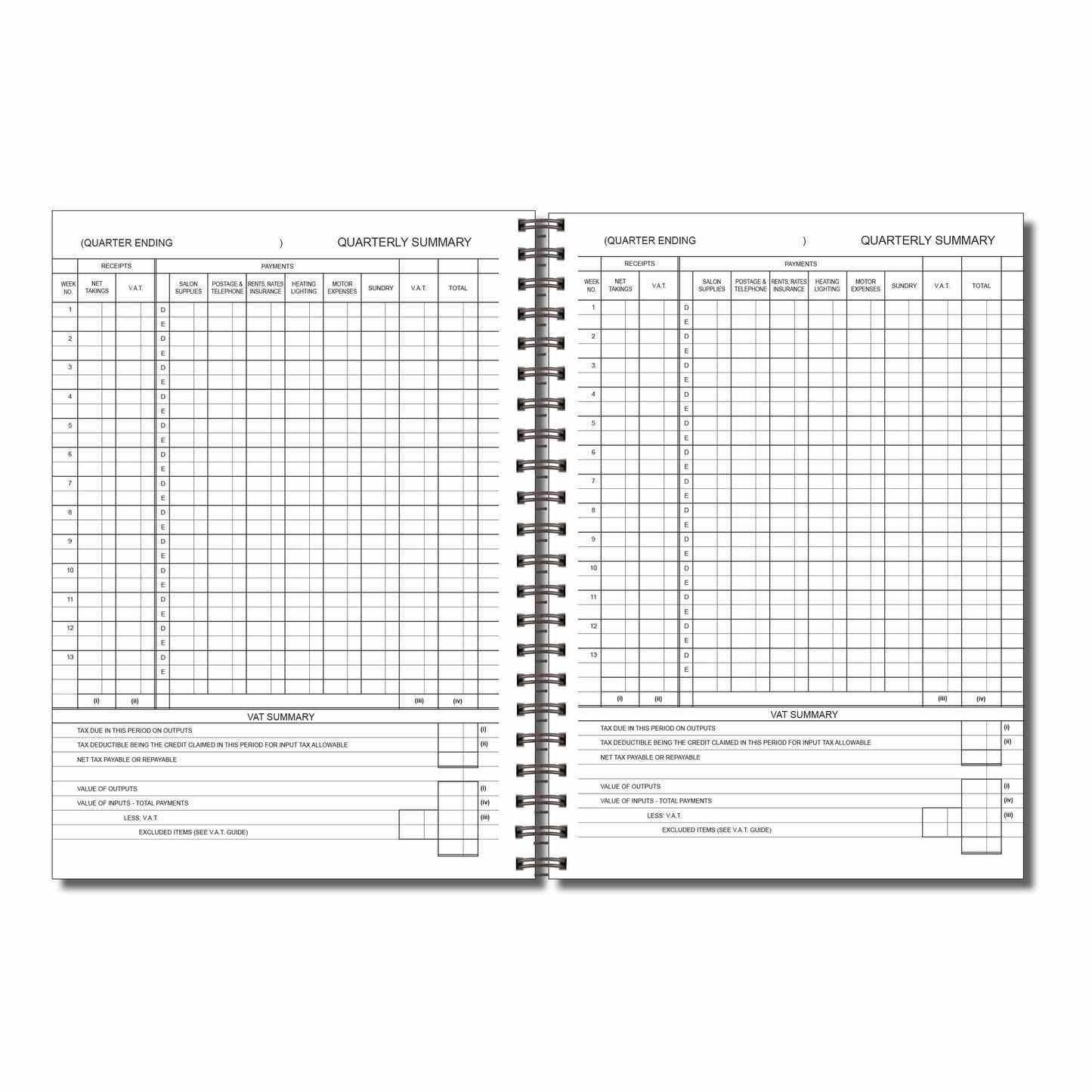Salon Accounting Book | 52 Weeks | Full Year | Undated |A4 -210mm x 297mm | 110 Pages | 120gsm Wirobound