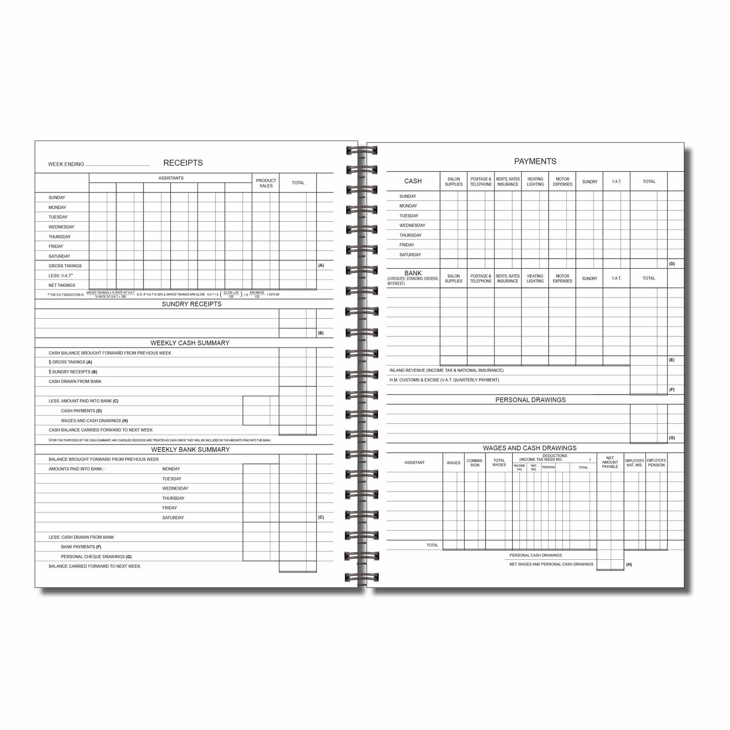 Salon Accounting Book | 52 Weeks | Full Year | Undated |A4 -210mm x 297mm | 110 Pages | 120gsm Wirobound