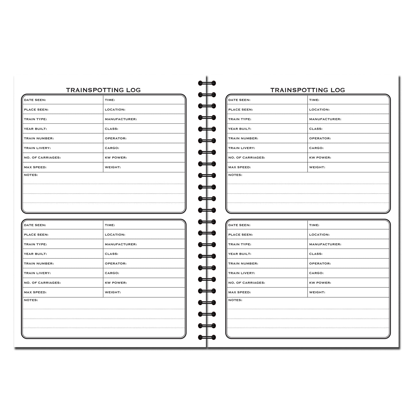 Train Spotting Log Book | A5 (148mm x 210mm) | 50 double sided pages on 120gsm | Split Wirobound