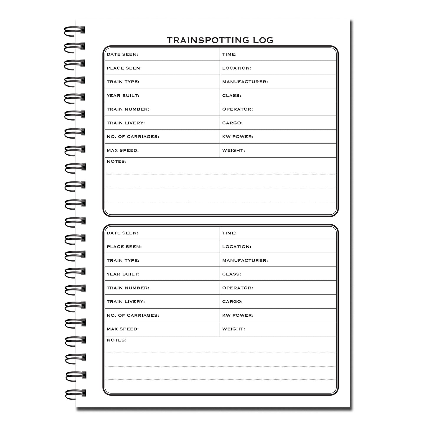 Train Spotting Log Book | A5 (148mm x 210mm) | 50 double sided pages on 120gsm | Split Wirobound