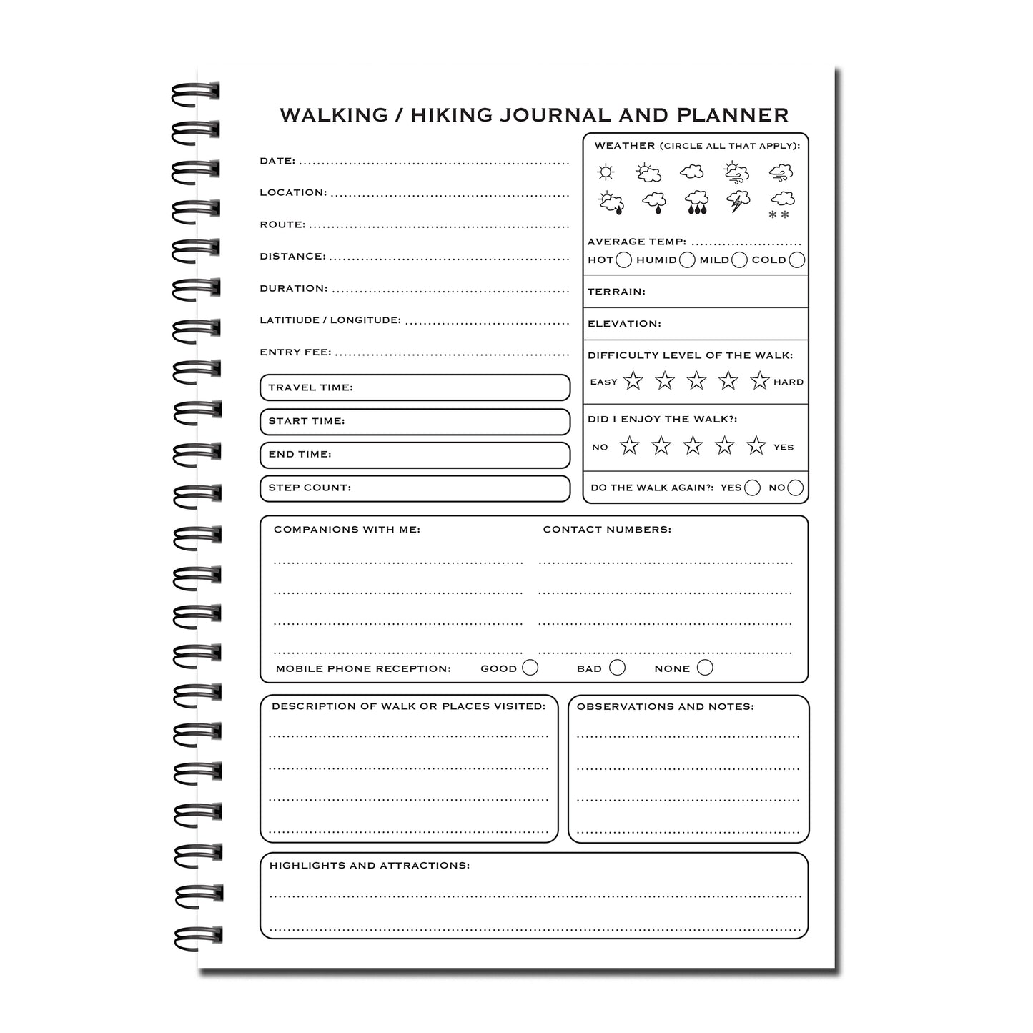 PERSONALISED Walking/Hiking Journal & Planner | A5 148mm x 210mm | 50 Double sided Pages | Split Wirobound