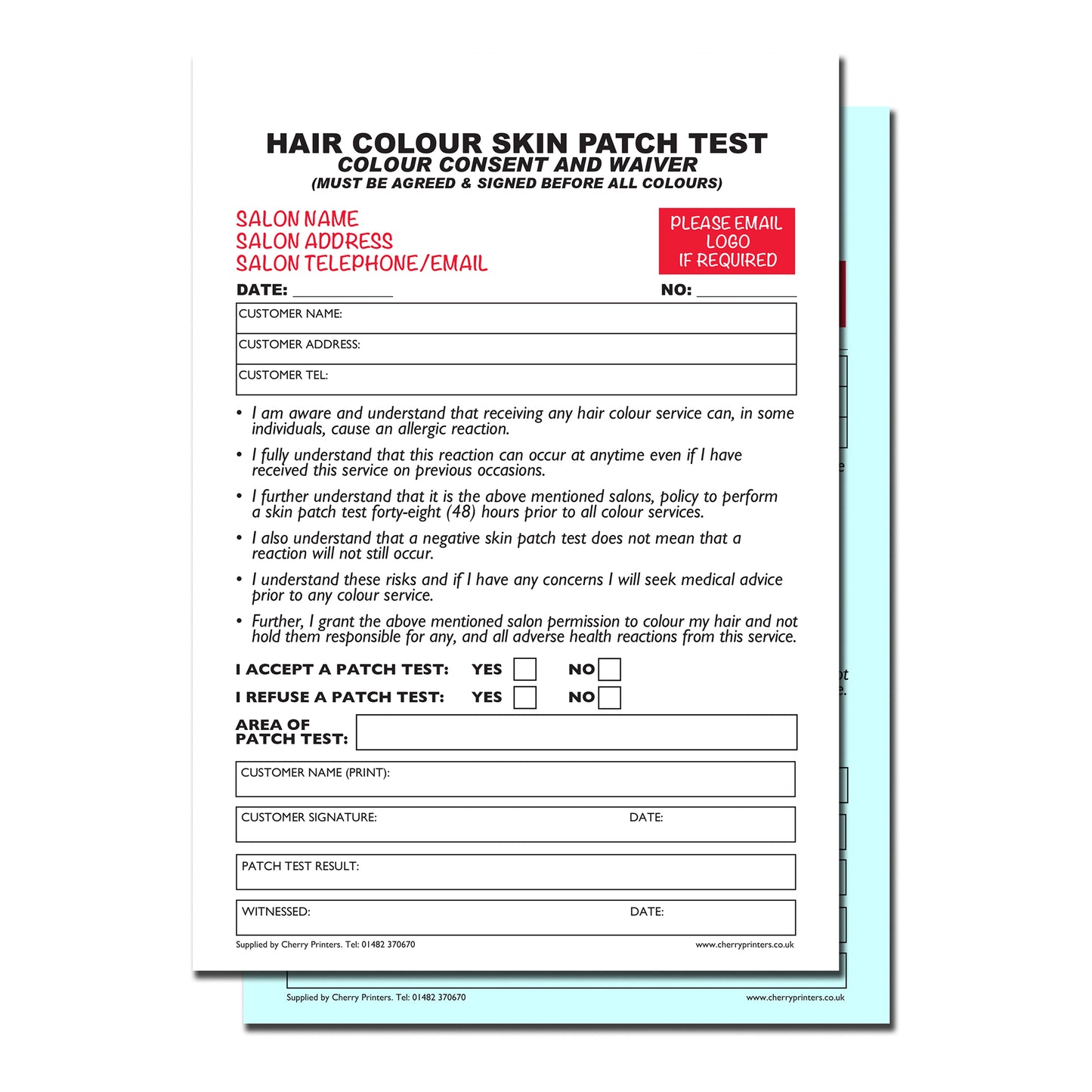 NCR *CUSTOM* Hair Colour Patch Test Duplicate Book A5 | 4 Book pack