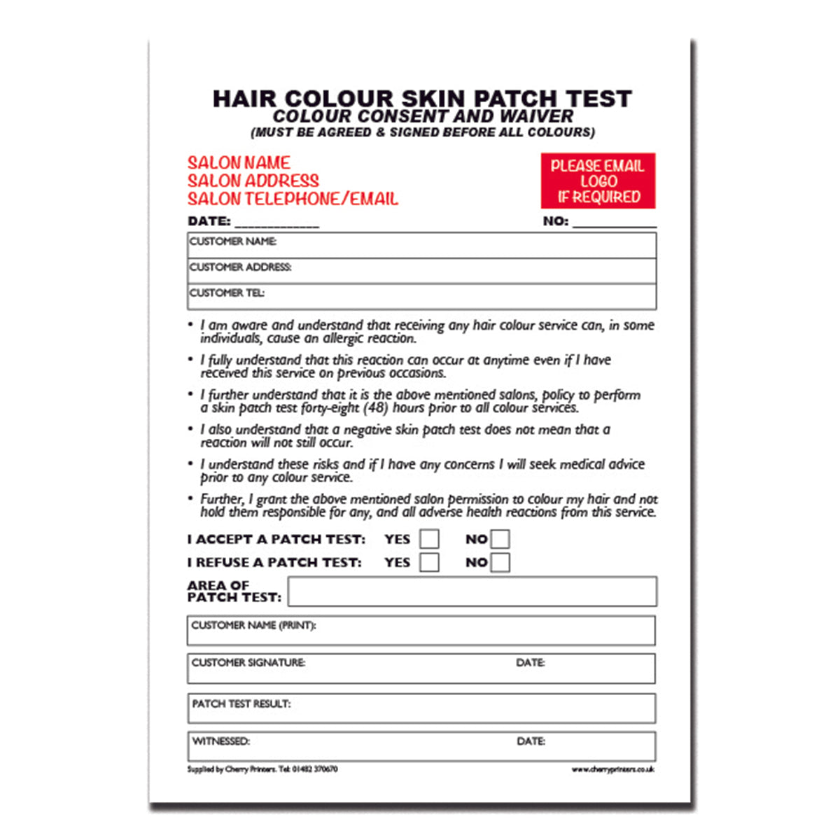 NCR *CUSTOM* Hair Colour Patch Test Duplicate Book A5 | 4 Book pack