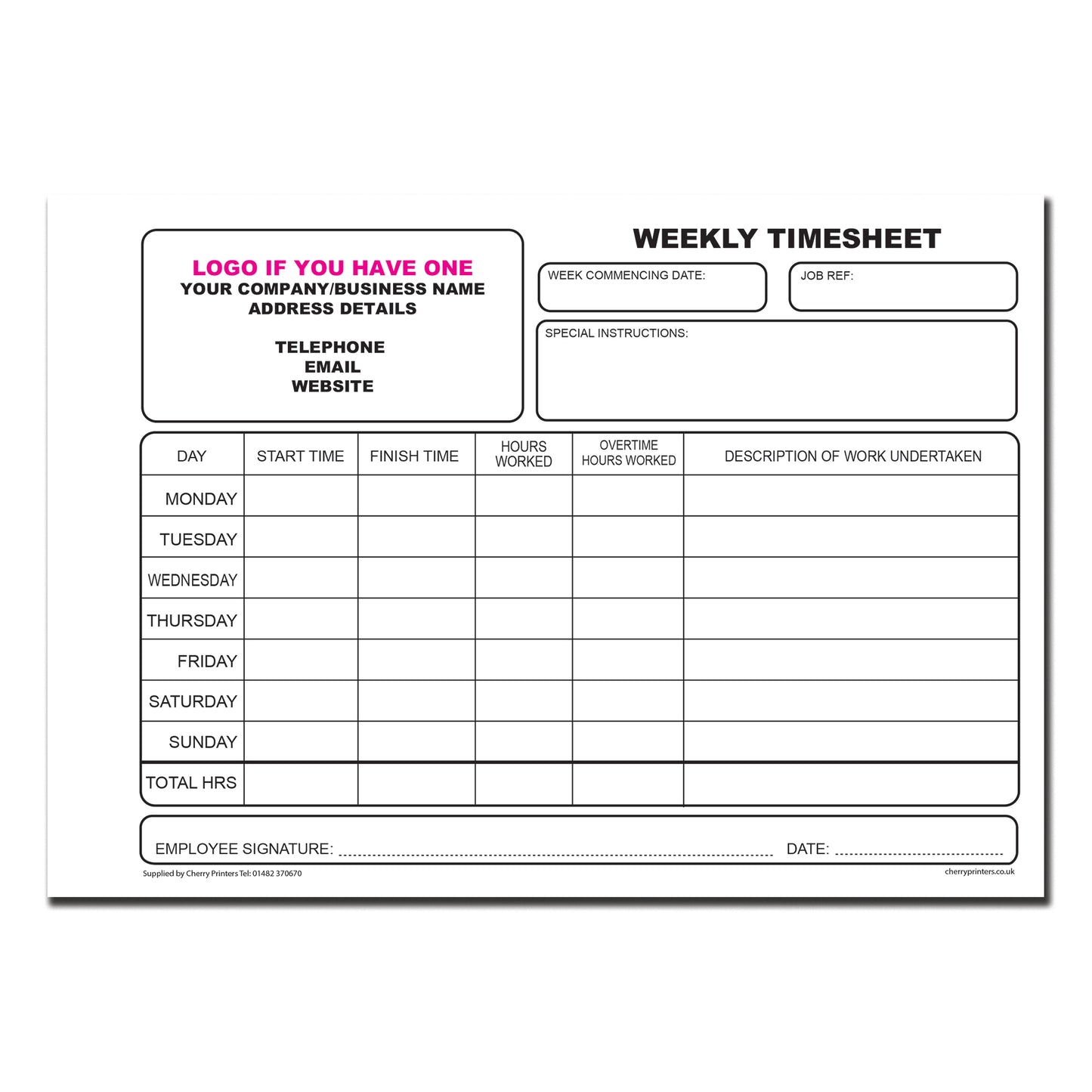 NCR *CUSTOM* WEEKLY Timesheet Duplicate Book A5 | 4 Book Pack