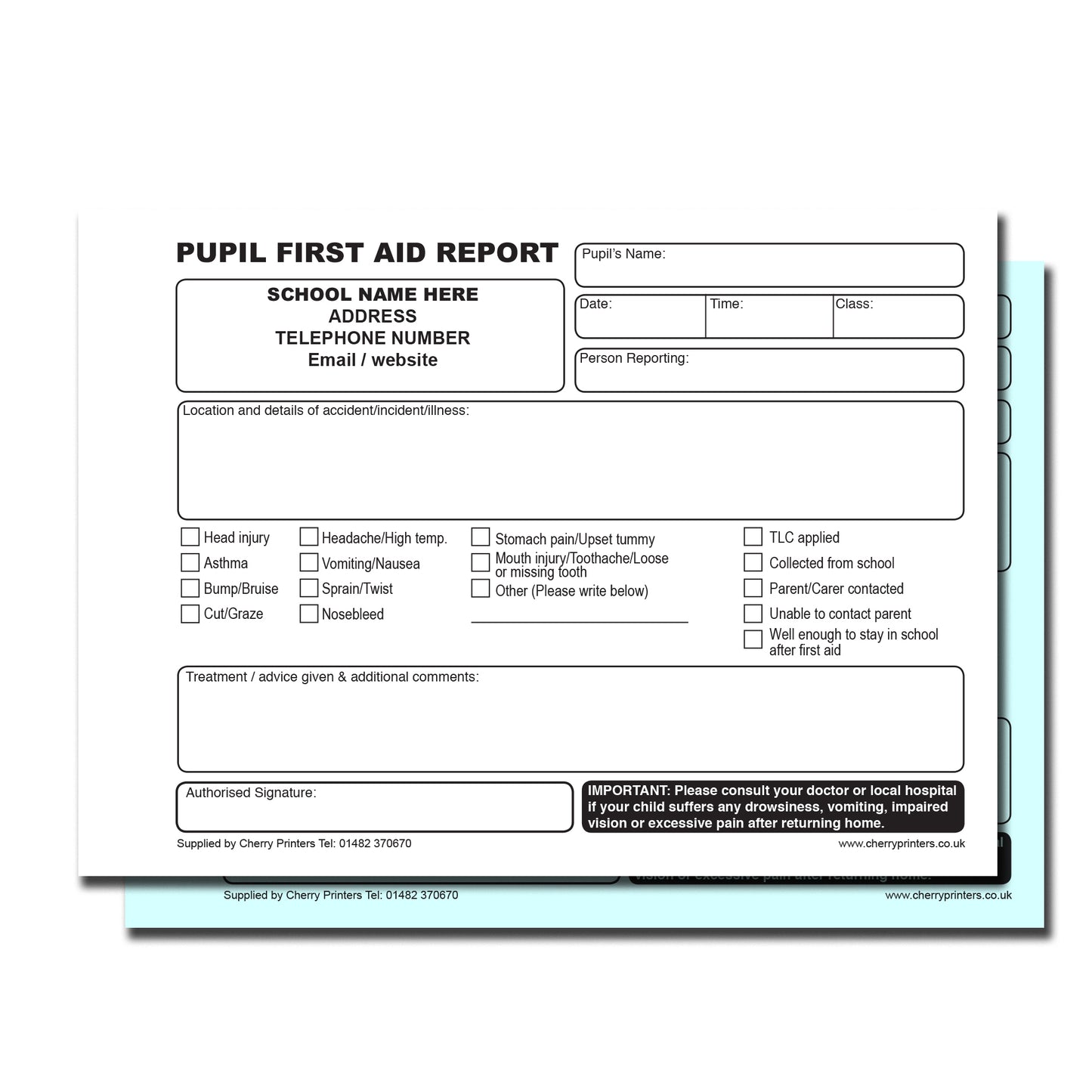 NCR *CUSTOM* Pupil First Aid Report | Accident | Incident | Pocket size A6 | Duplicate | 8 Book Pack