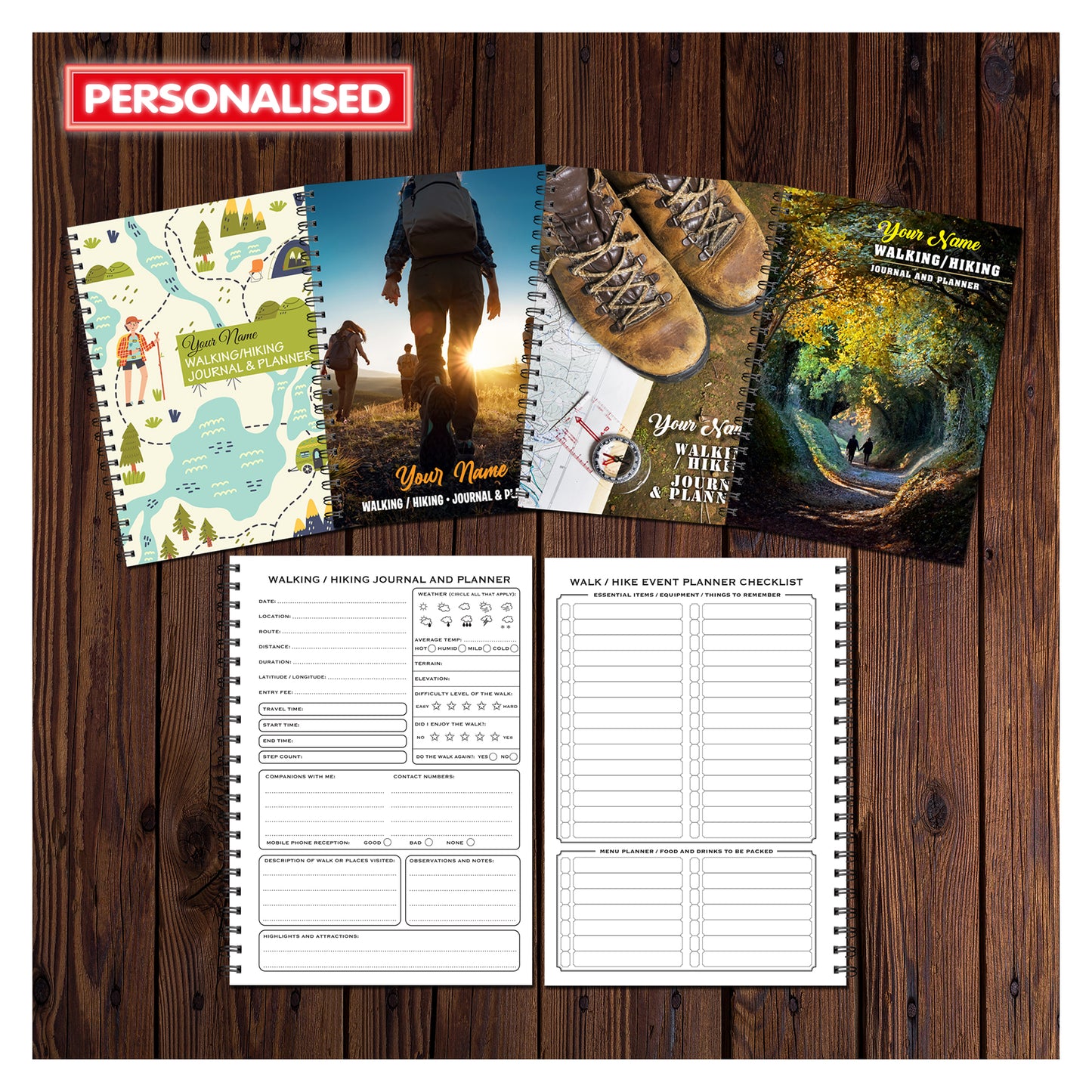 PERSONALISED Walking/Hiking Journal & Planner | A5 148mm x 210mm | 50 Double sided Pages | Printed on quality 120gsm