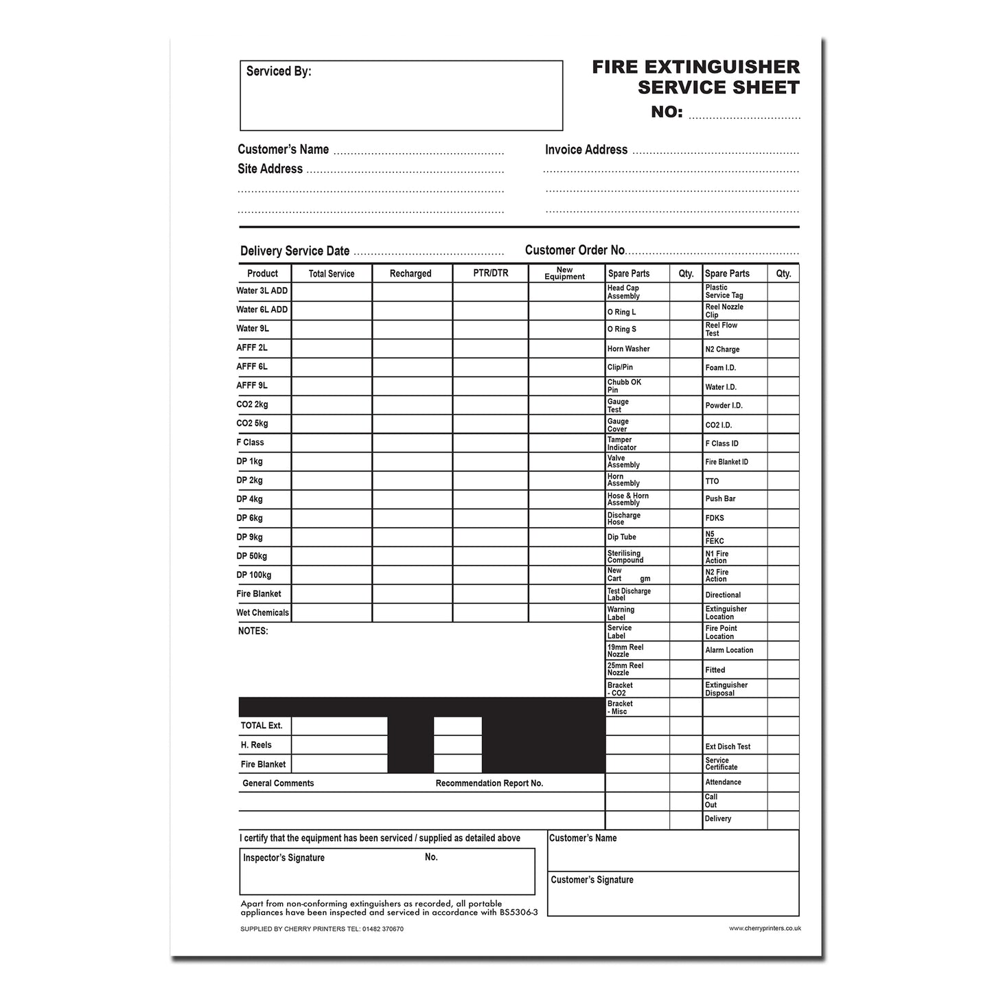 NCR Fire Extinguisher Service Form Triplicate A4 Book