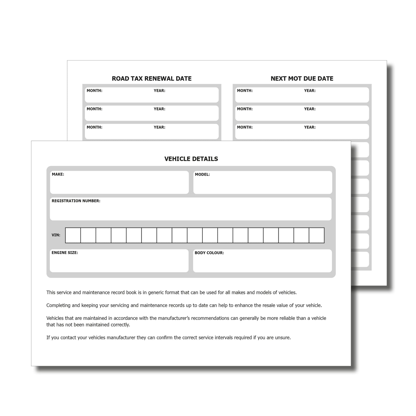 Vehicle Service Schedule & Maintenance Record Log | A5 | Blank Replacement Service History Book | 24 Service Logs | 120gsm Paper