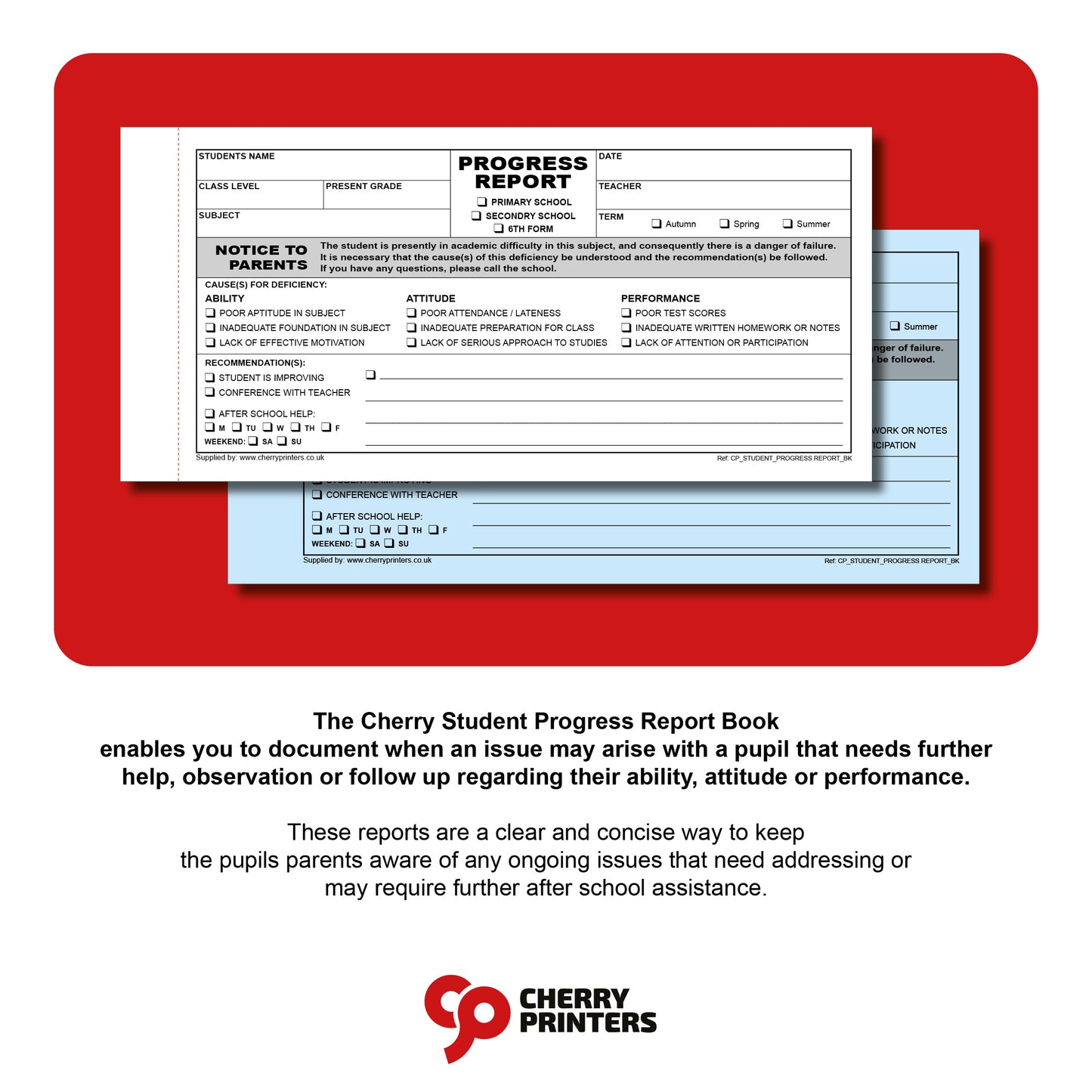 NCR Student Progress Report Book 99mm x 210mm Duplicate