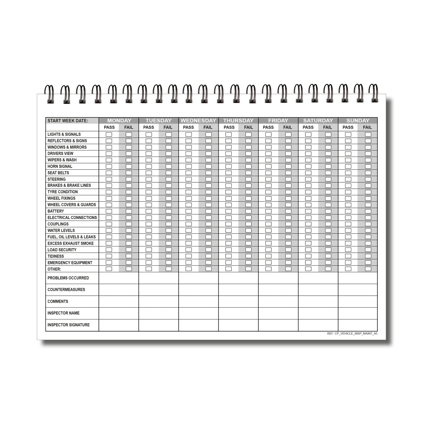 Vehicle Inspection Maintenance Log Book | 1 Year (52 Weeks) | A5 (148mm x 210mm) | 120gsm | Wirobound