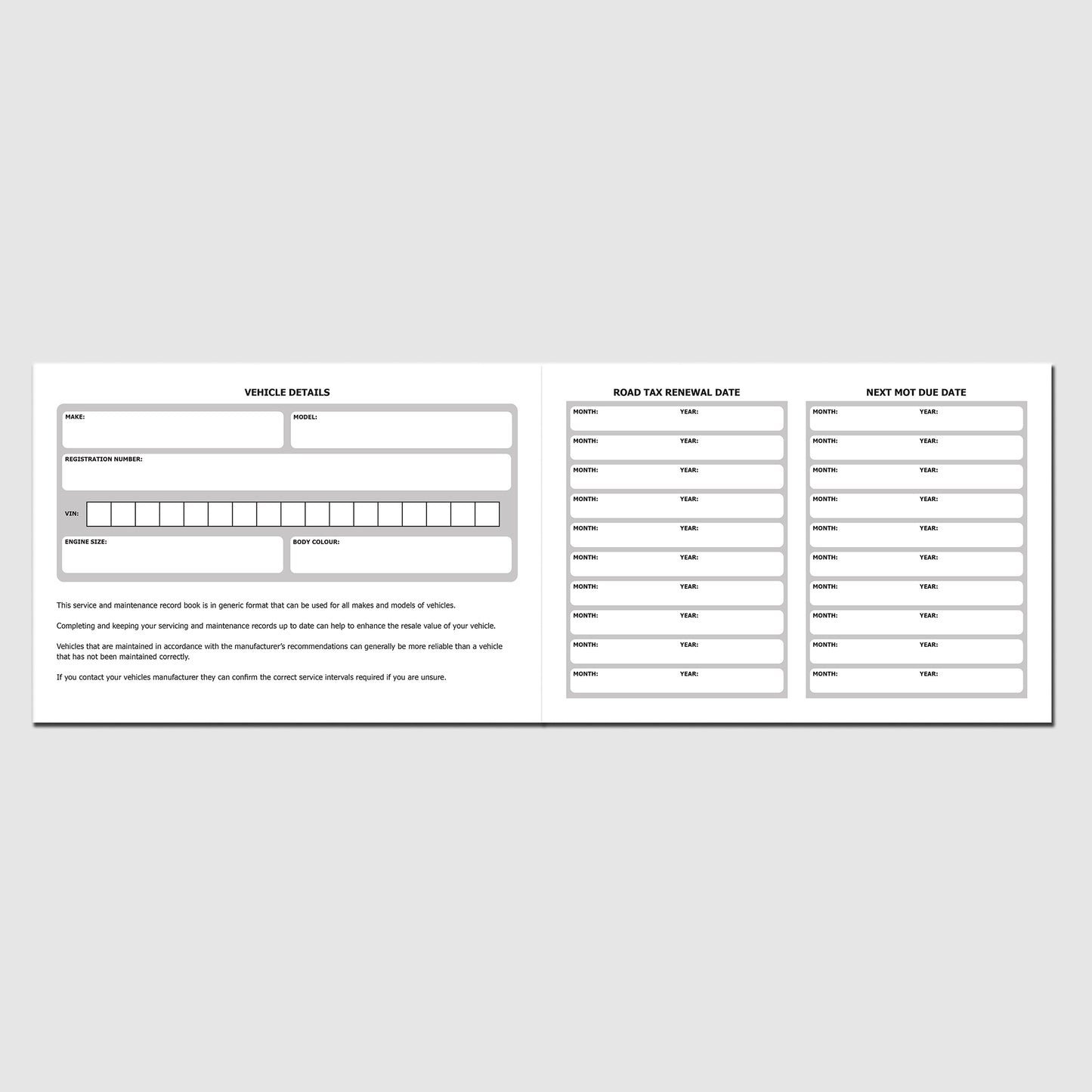 Vehicle Service Schedule & Maintenance Record Log | A5 | Blank Replacement Service History Book | 24 Service Logs | 120gsm Paper