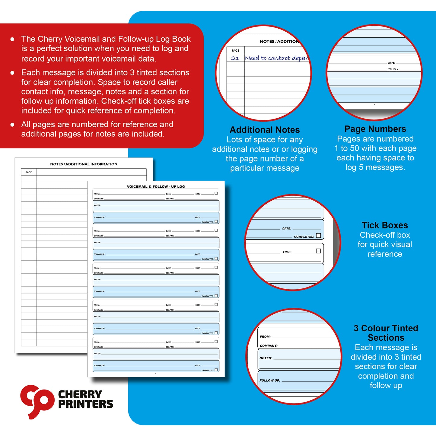 Voicemail & Follow-Up Log Book | A4 (210mm x 297mm) Message Record Book | 56 Pages 50 Numbered Log Sheets | 5 Messages Per Page