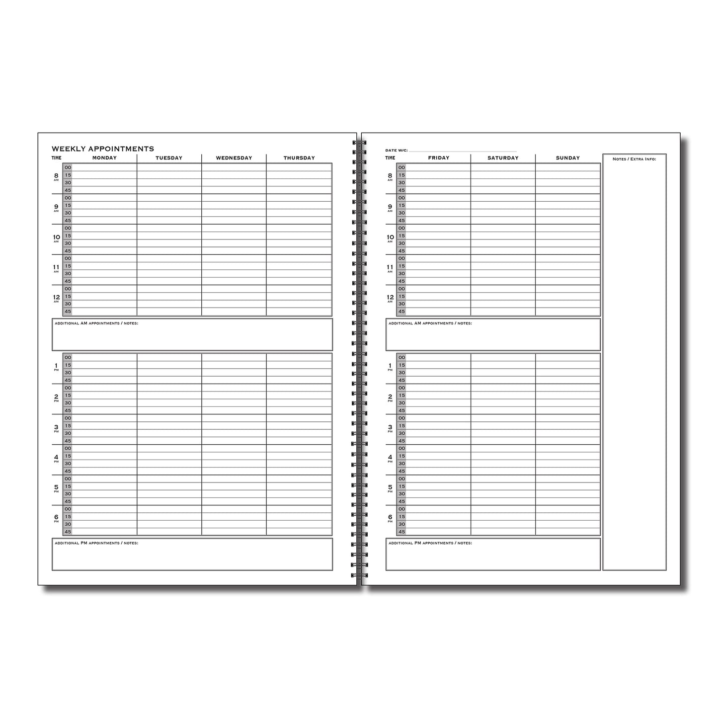 Weekly Appointment Book | 52 Weeks | Full Year | Undated | A4 -210mm x 297mm | 106 Pages | 120gsm Wirobound