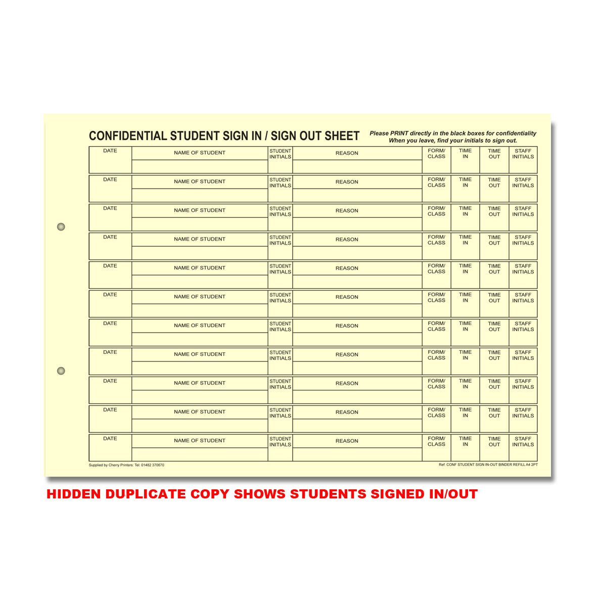 NCR Confidential Student Sign In / Out Ring Binder with 50 A4 Duplicate Sets
