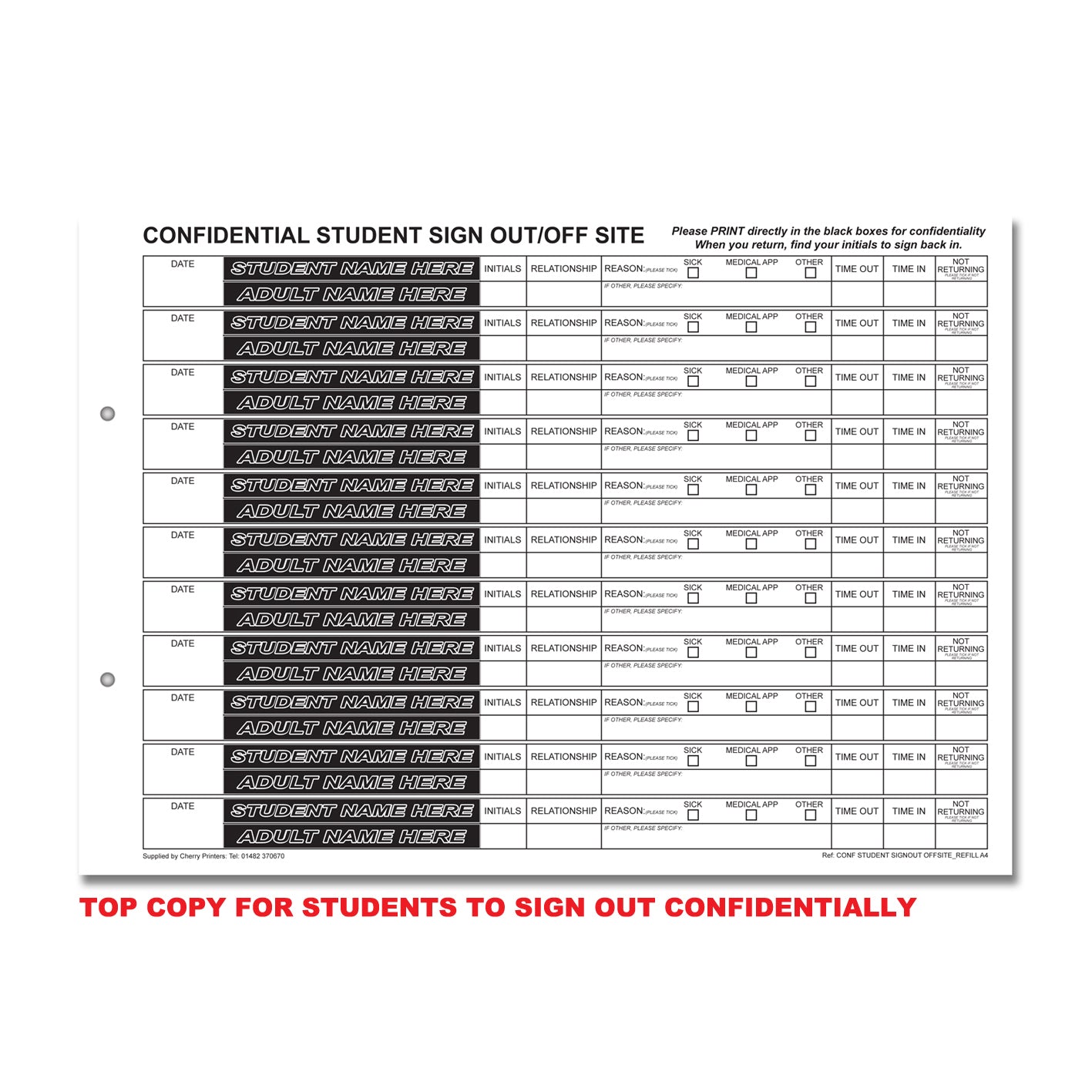 NCR Confidential Student Sign Out / Off Site REFILL PACK 50 sets of Duplicate A4