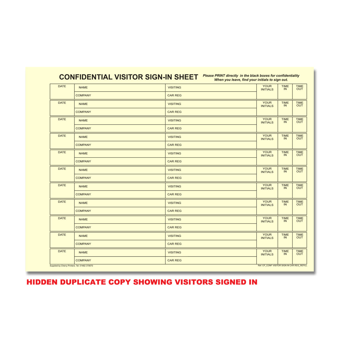 NCR Confidential Visitor Sign In with Car Reg REFILL PACK 50 Sets of Duplicate A4