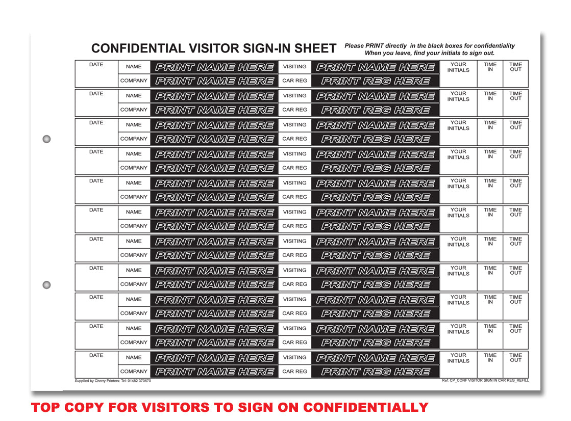 NCR Confidential Visitor Sign In with Car Reg REFILL PACK 50 Sets of Duplicate A4