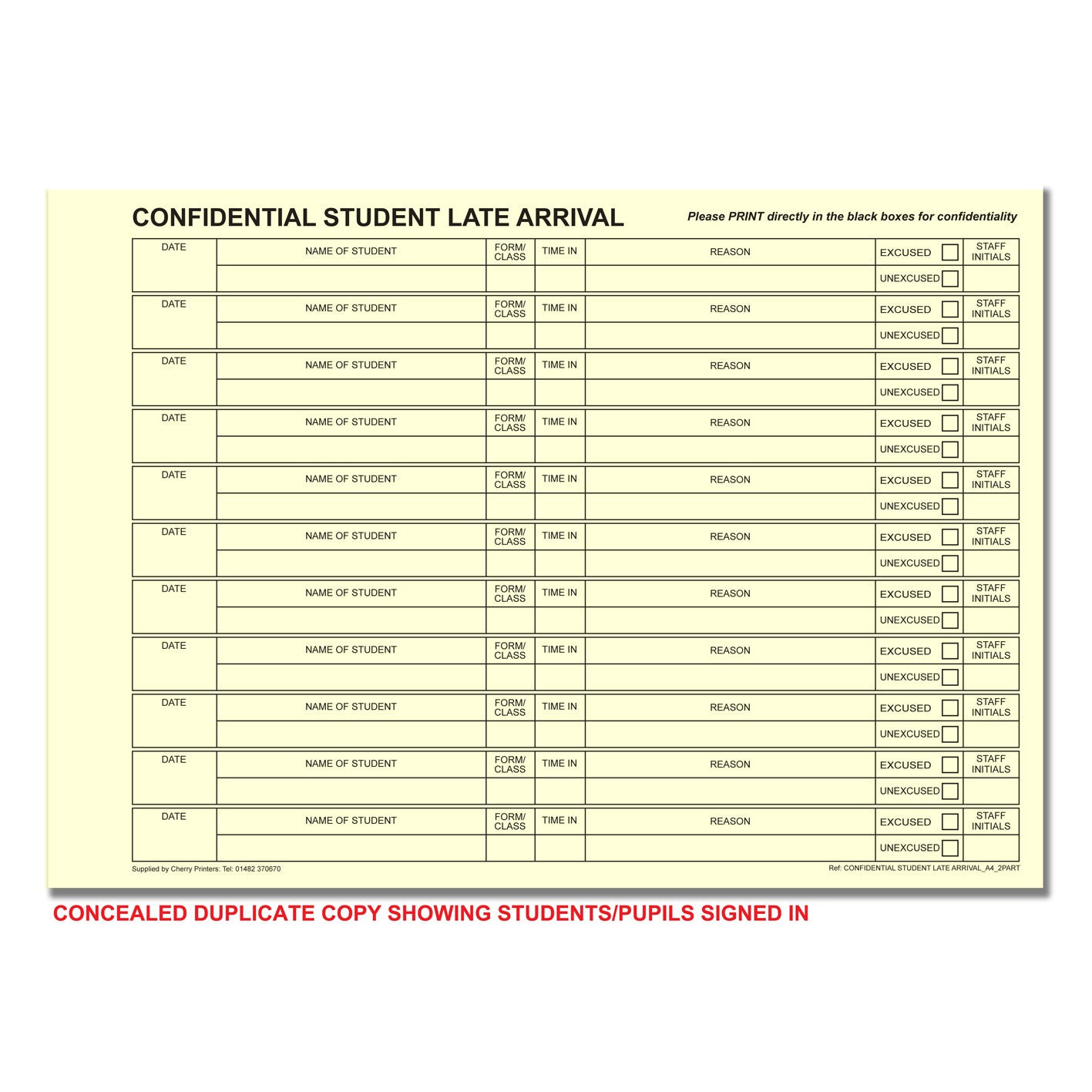 NCR Confidential Student Late Arrival REFILL PACK 50 sets of Duplicate A4