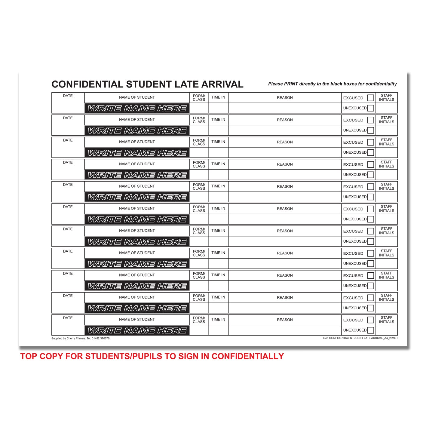 NCR Confidential Student Late Arrival REFILL PACK 50 sets of Duplicate A4