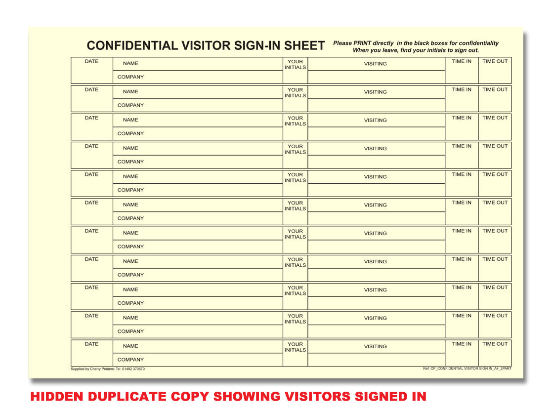 Confidential Visitor Sign In Log Book | Duplicate | 2 part | Carbonless | A4 - 8.27" x 11.69" | BOX OF 20 BOOKS