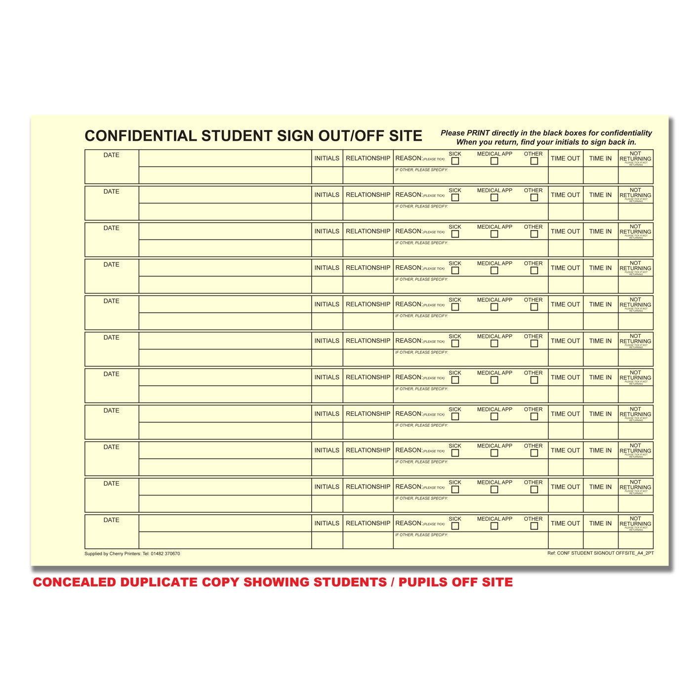 NCR Confidential Student Sign Out / Off Site Duplicate Wiro Book A4 50 sets