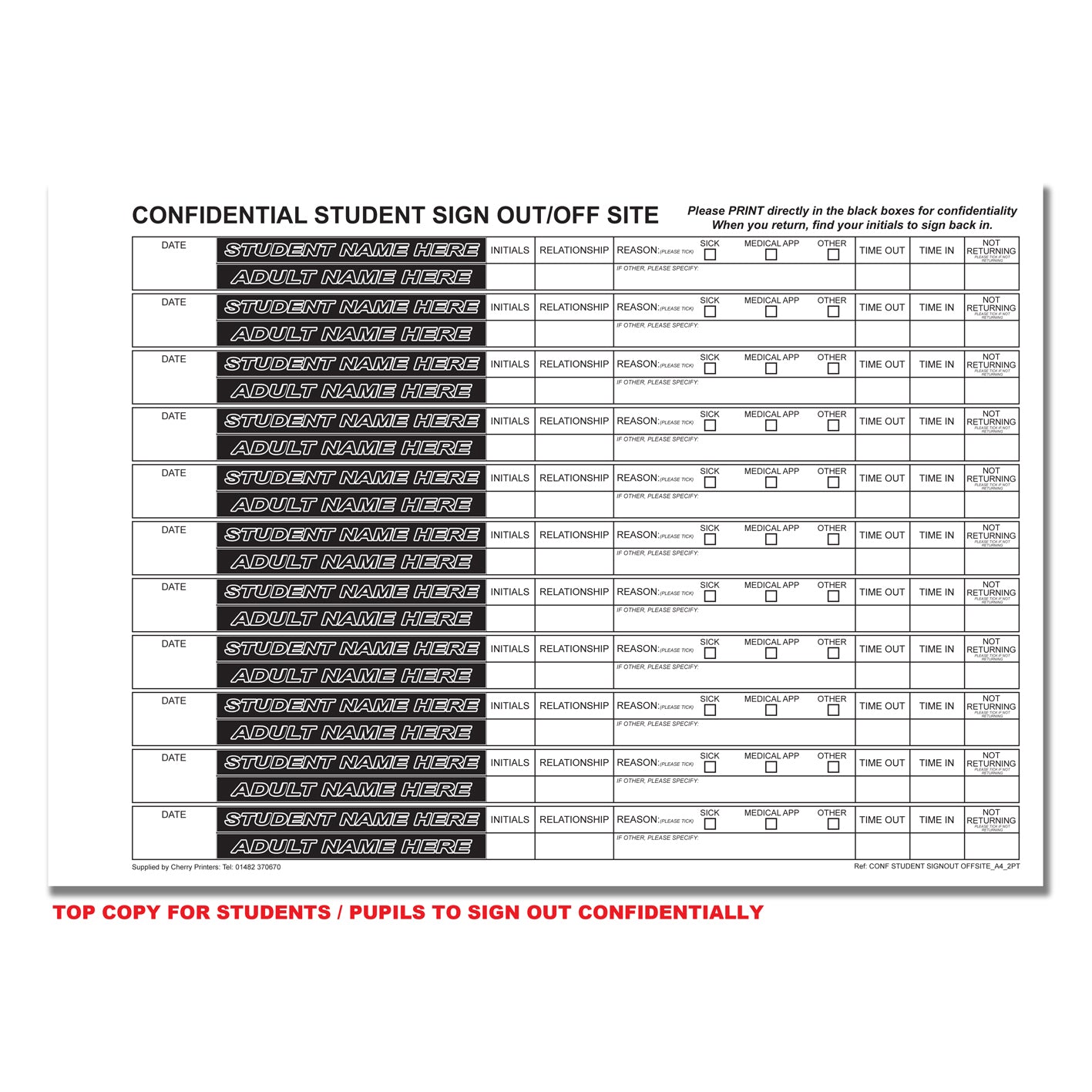 NCR Confidential Student Sign Out / Off Site Duplicate Wiro Book A4 50 sets