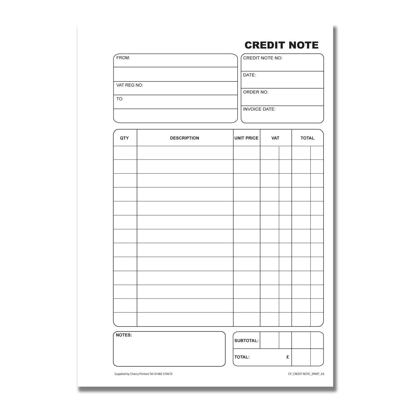 NCR Credit Note A5 Duplicate