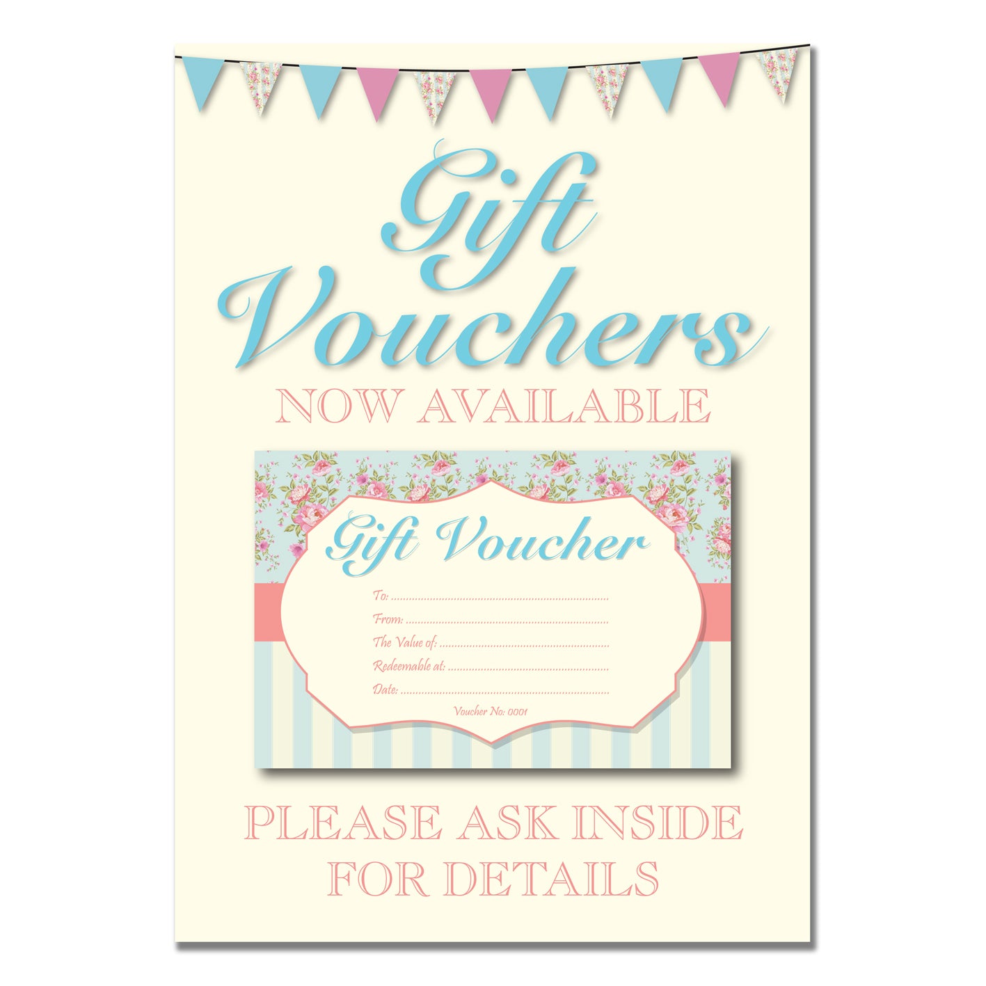 Shabby Chic/Floral Gift Voucher Book 99mm x 210mm with FREE A4 POSTER