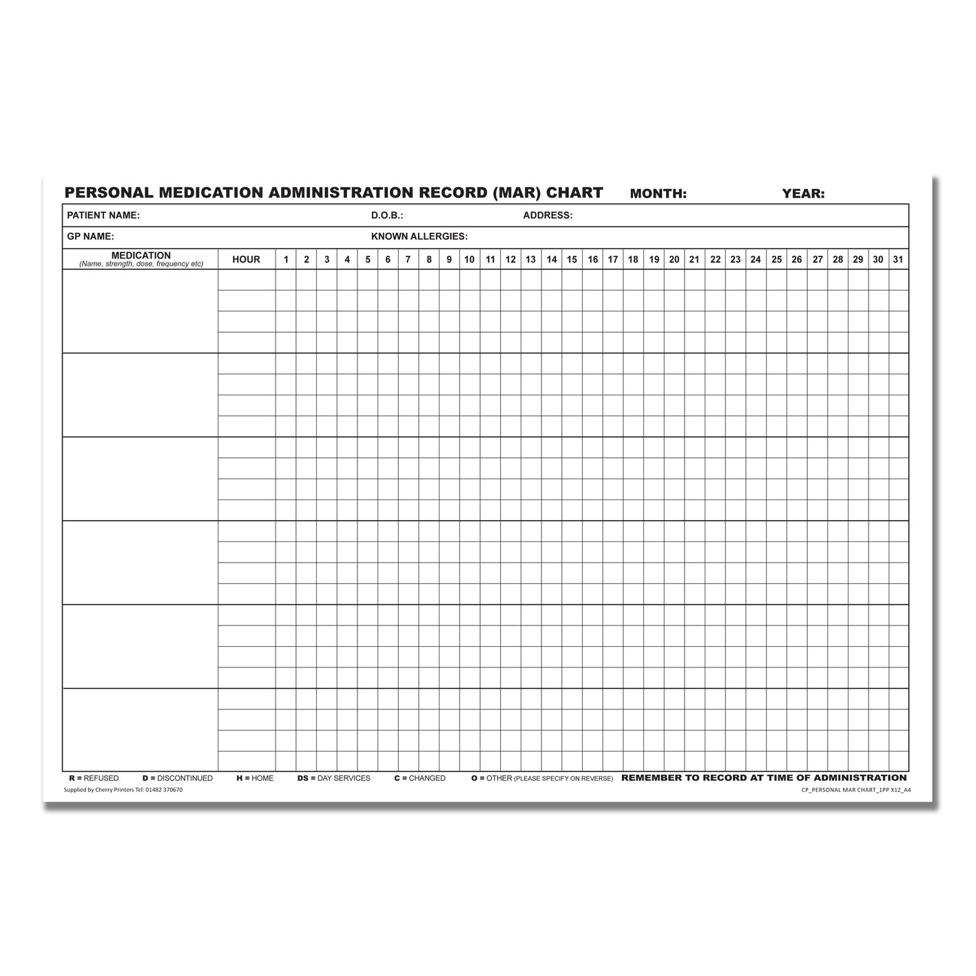 Personal MAR Chart (Medication Administration Record) Pad A4 12pages 350gsm