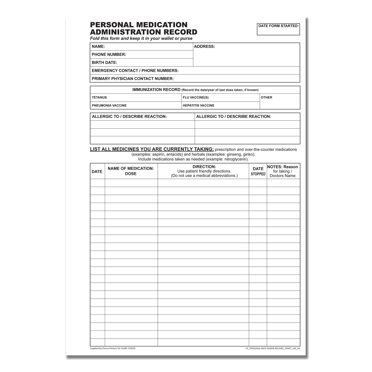 NCR Personal Medication Administration Record Duplikat A4 Buch