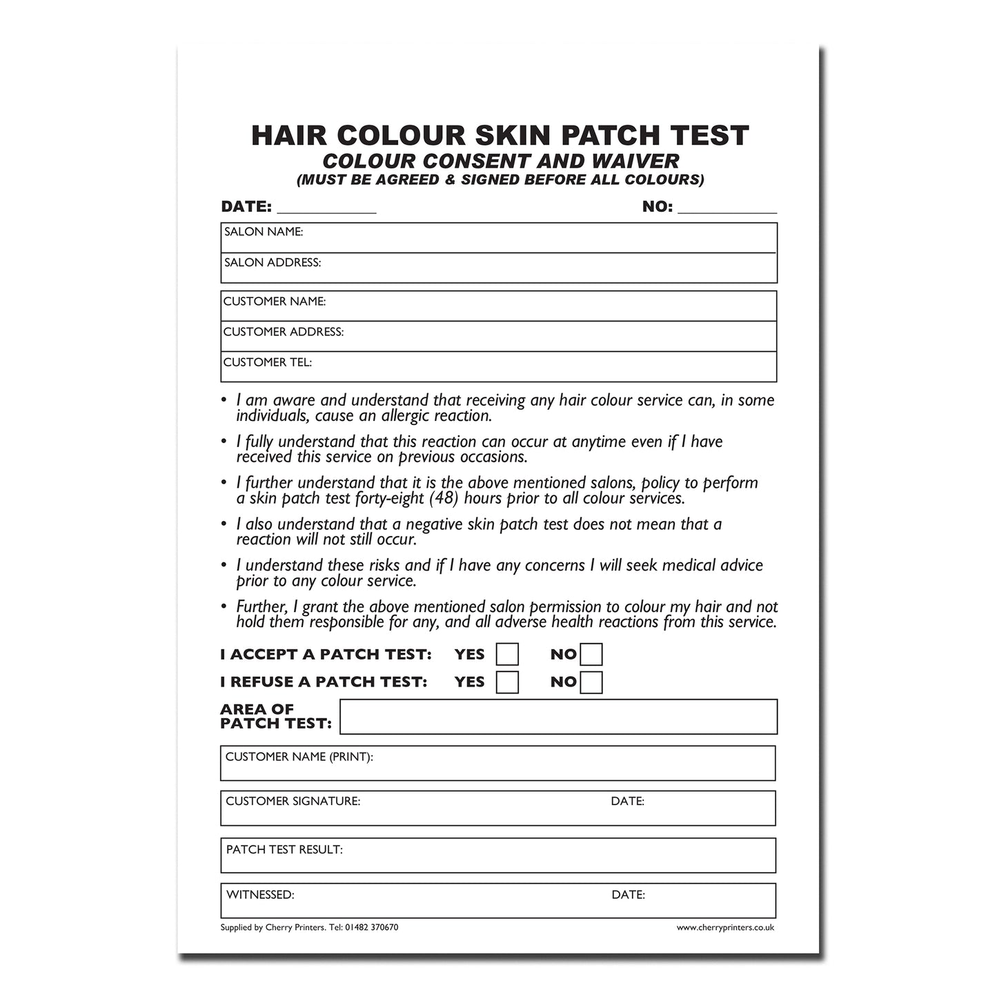 NCR Hair Colour Skin Patch Test Duplicate Book A5 50 sets