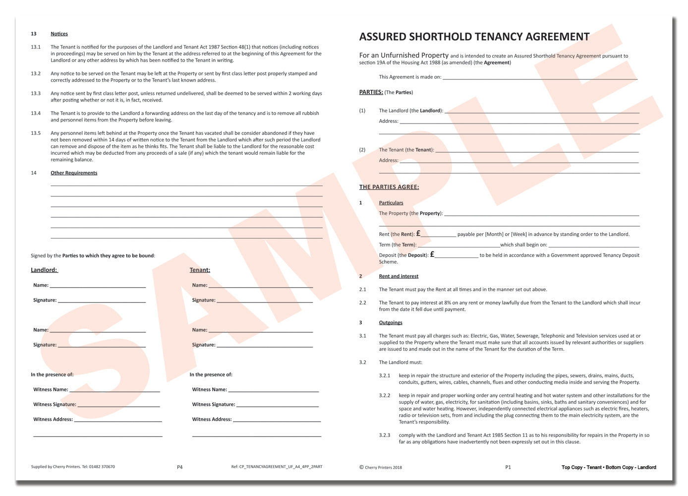 NCR Assured Shorthold Tenancy Agreement for Unfurnished Property (England & Wales) Carbonless Duplicate Sets 2part A4 4pp