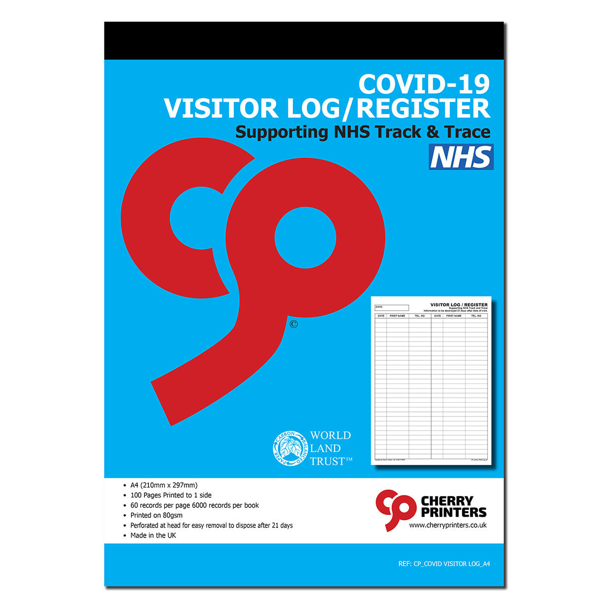 Covid19 Visitor Log/Register 100 page A4 80gsm Cherry Printers UK