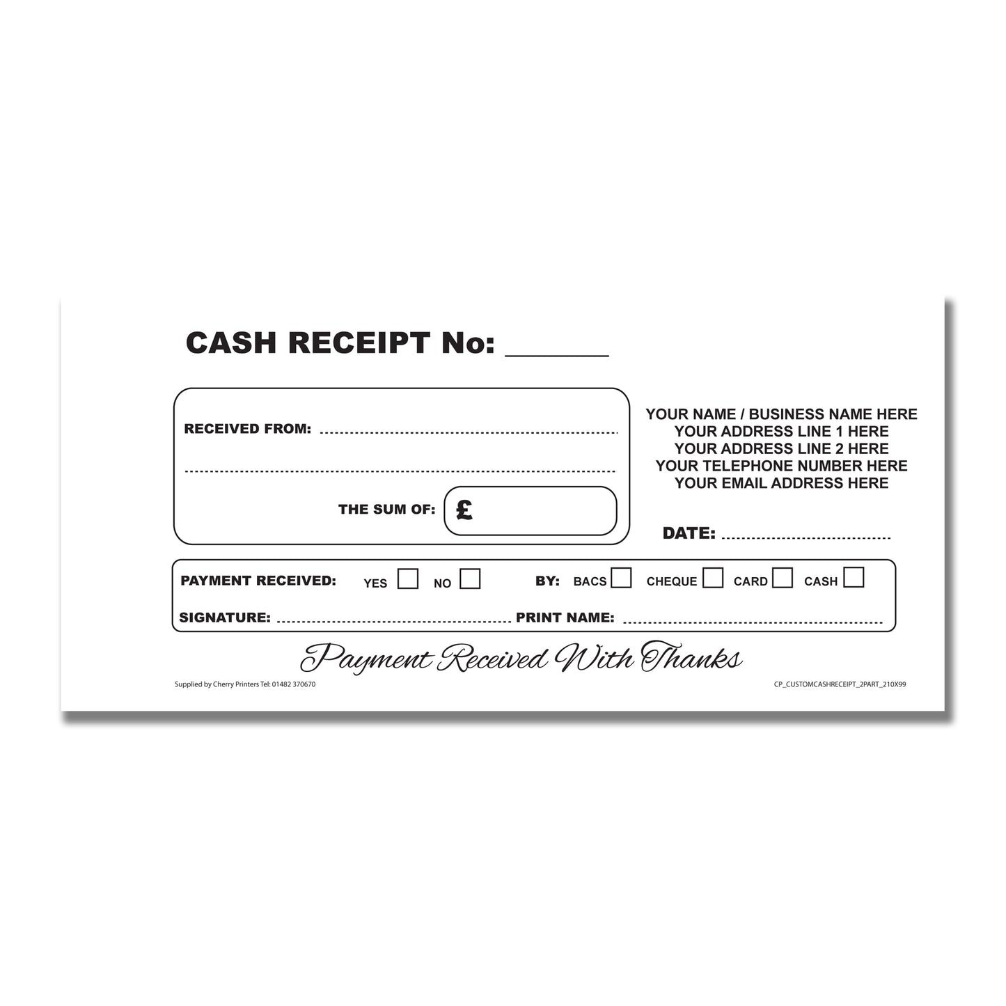 NCR *CUSTOM* Cash Receipt Duplicate Book 99x210mm | 6 Book Pack