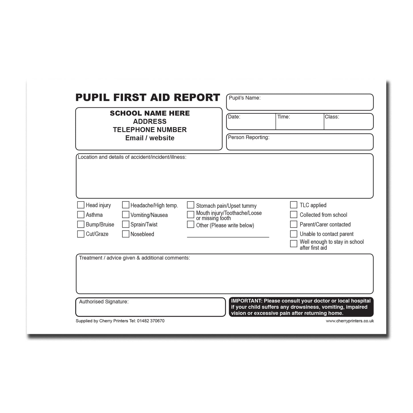 NCR *CUSTOM* Pupil First Aid Report | Accident | Incident | Pocket size A6 | Duplicate | 8 Book Pack