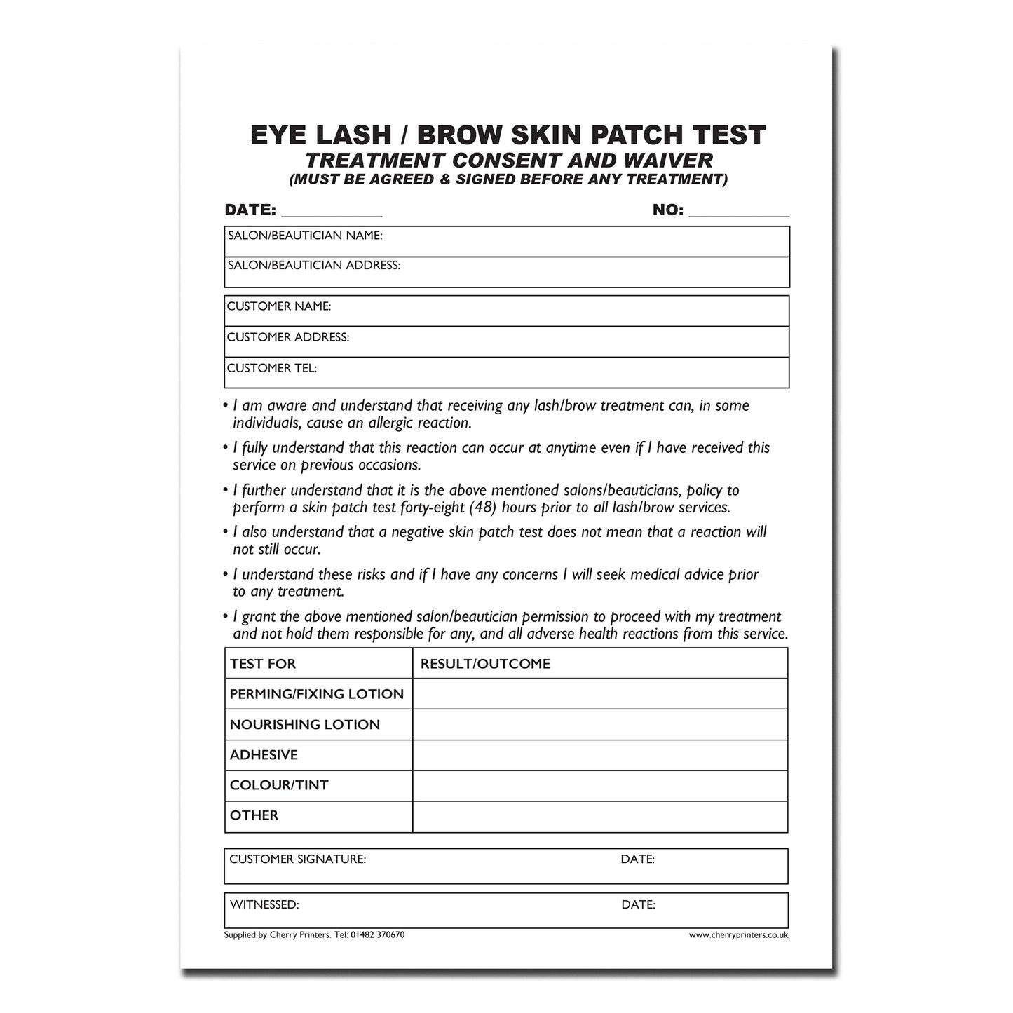NCR Eye Lash / Brow Treatment Skin Patch Test Triplicate Book A5 50 sets