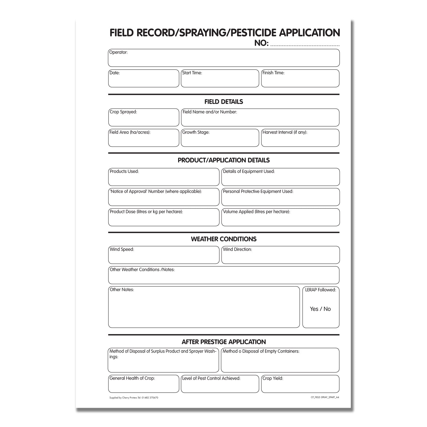 NCR Field Spray/Pesticide Application Duplicate Book A4