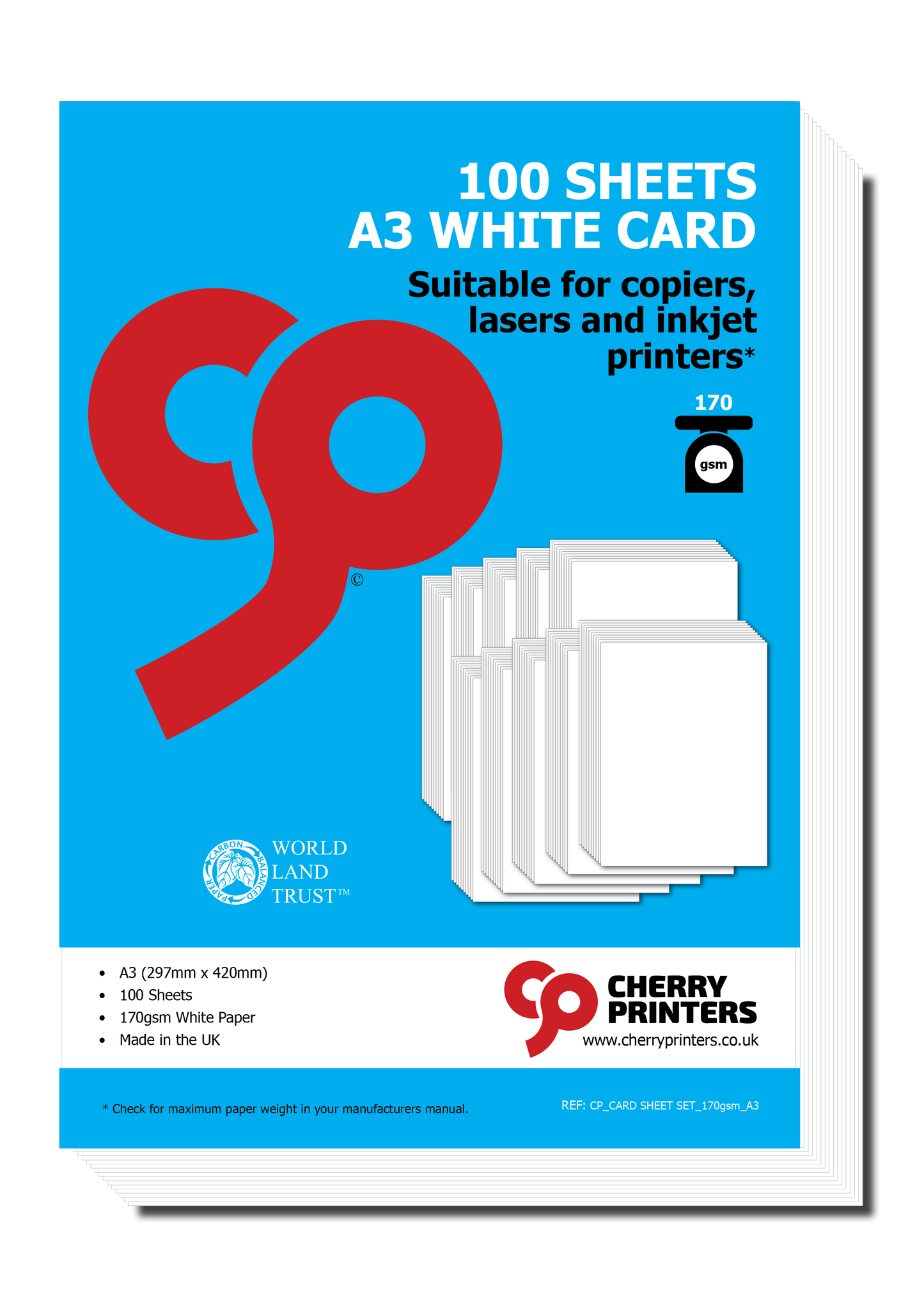 170gsm White Card Suitable for Copiers, Lasers and Inkjet Printers 100 Sheets