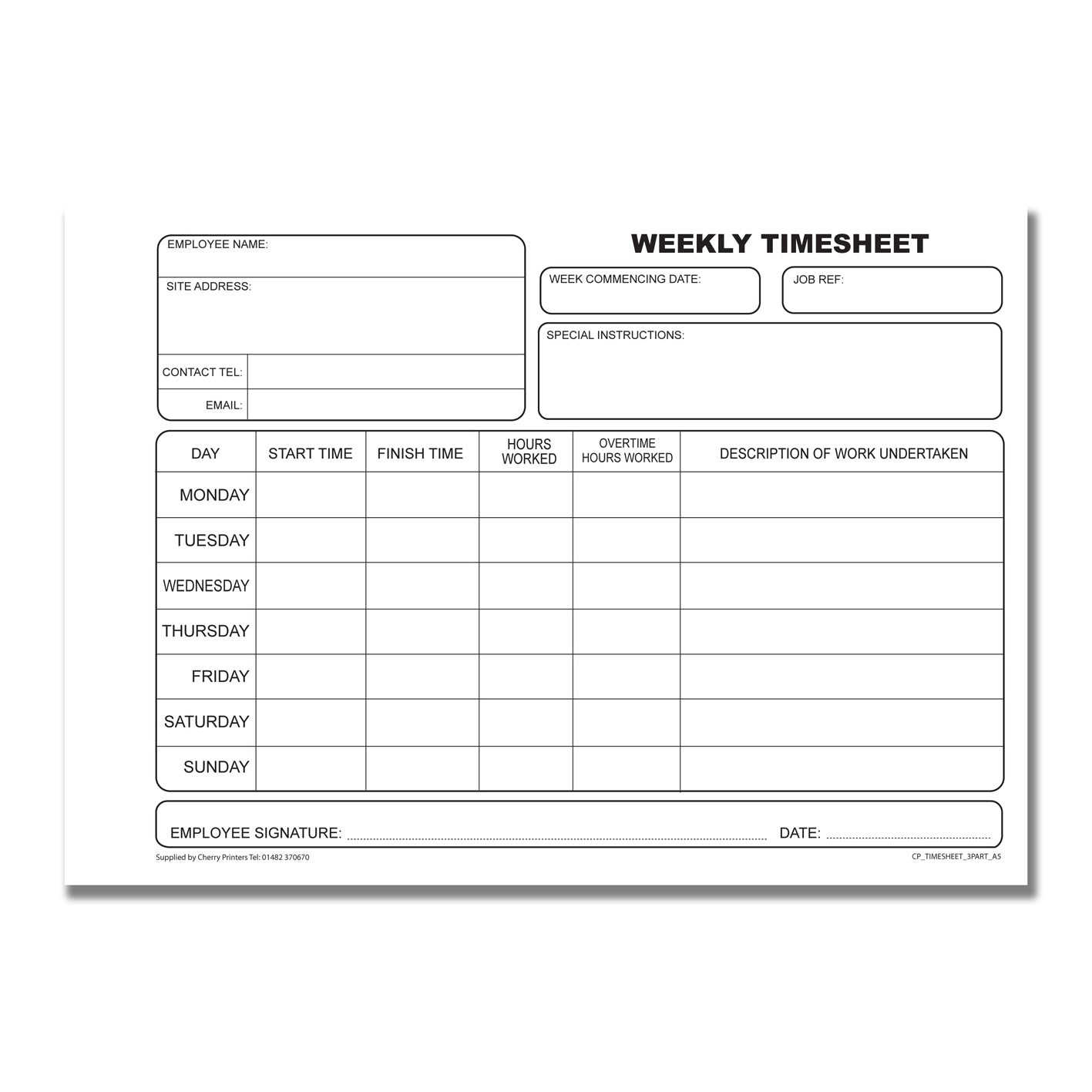 NCR Weekly Timesheet Triplicate Book A5