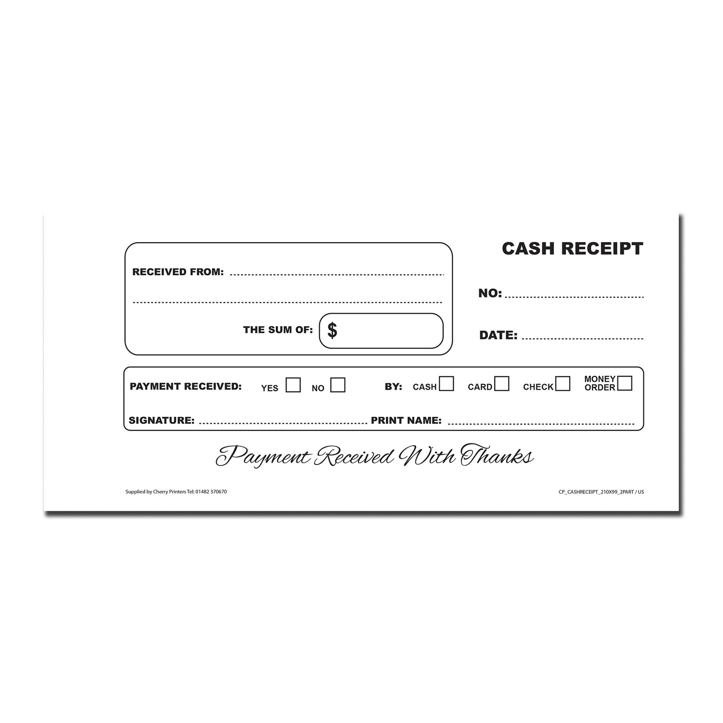Cash Receipt | Duplicate Book | 2 part | Carbonless | 50 Sets Per Book | DL - 8.3" x 3.9" | BOX OF 60 BOOKS