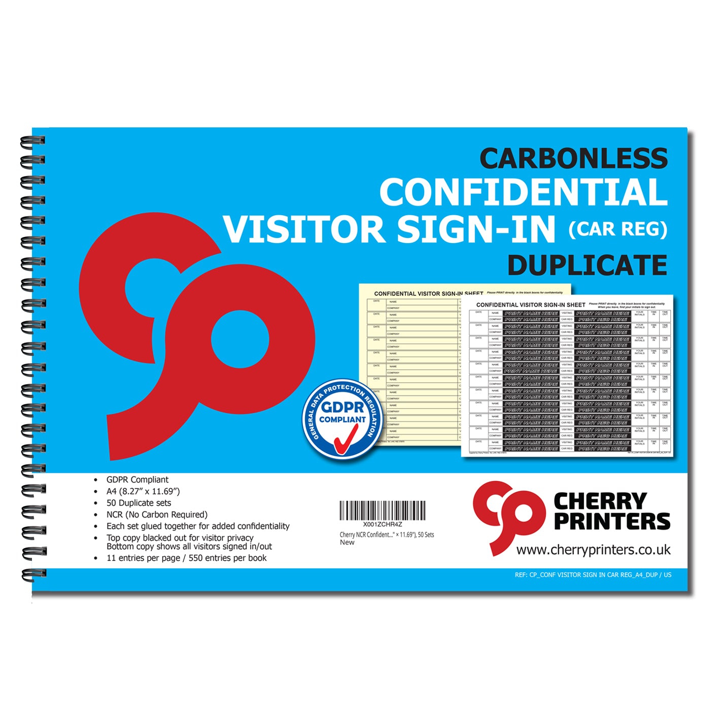 Confidential Visitor Sign In Log Book with Car Reg Duplicate 2 par