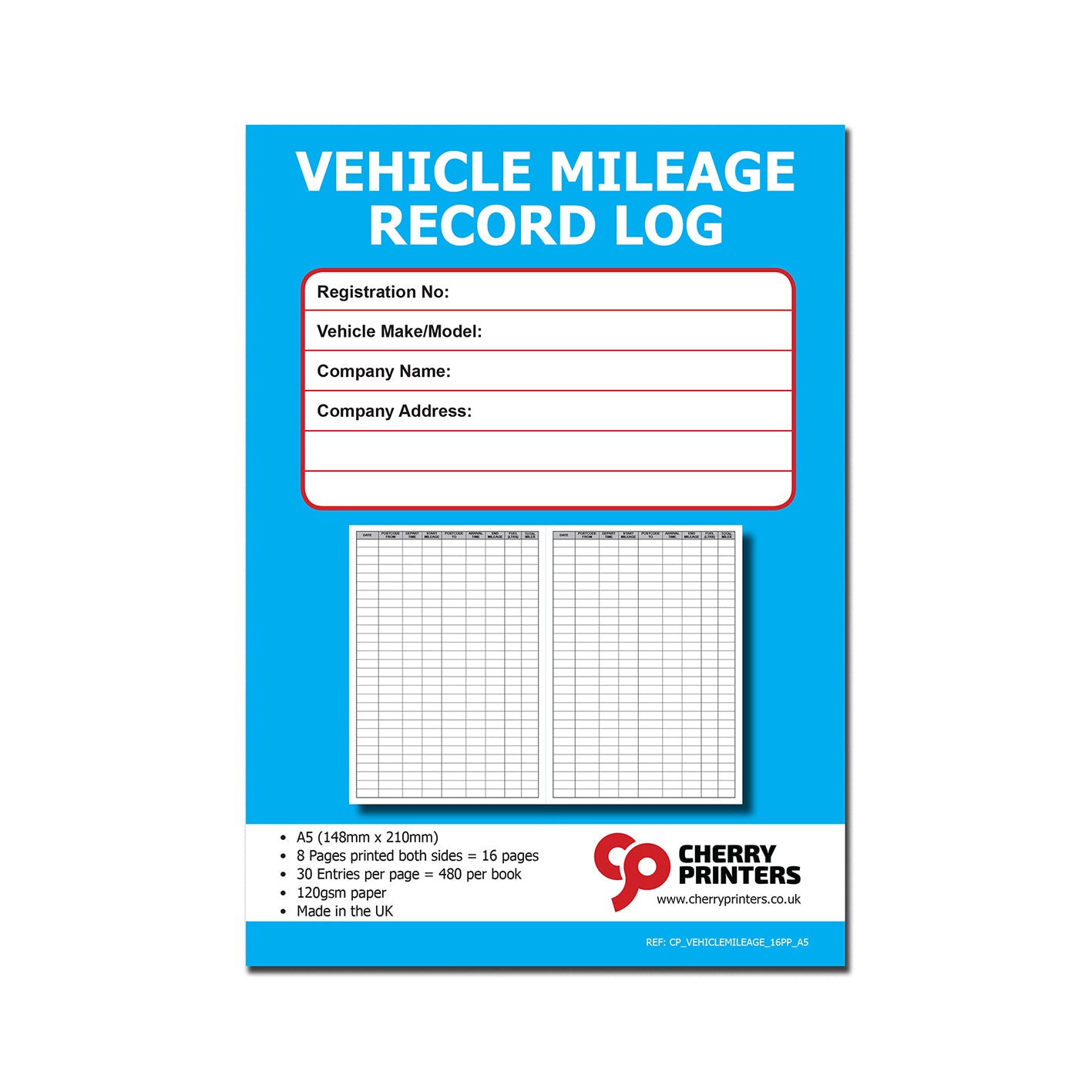 Vehicle Mileage Record Log Book A5 16pages