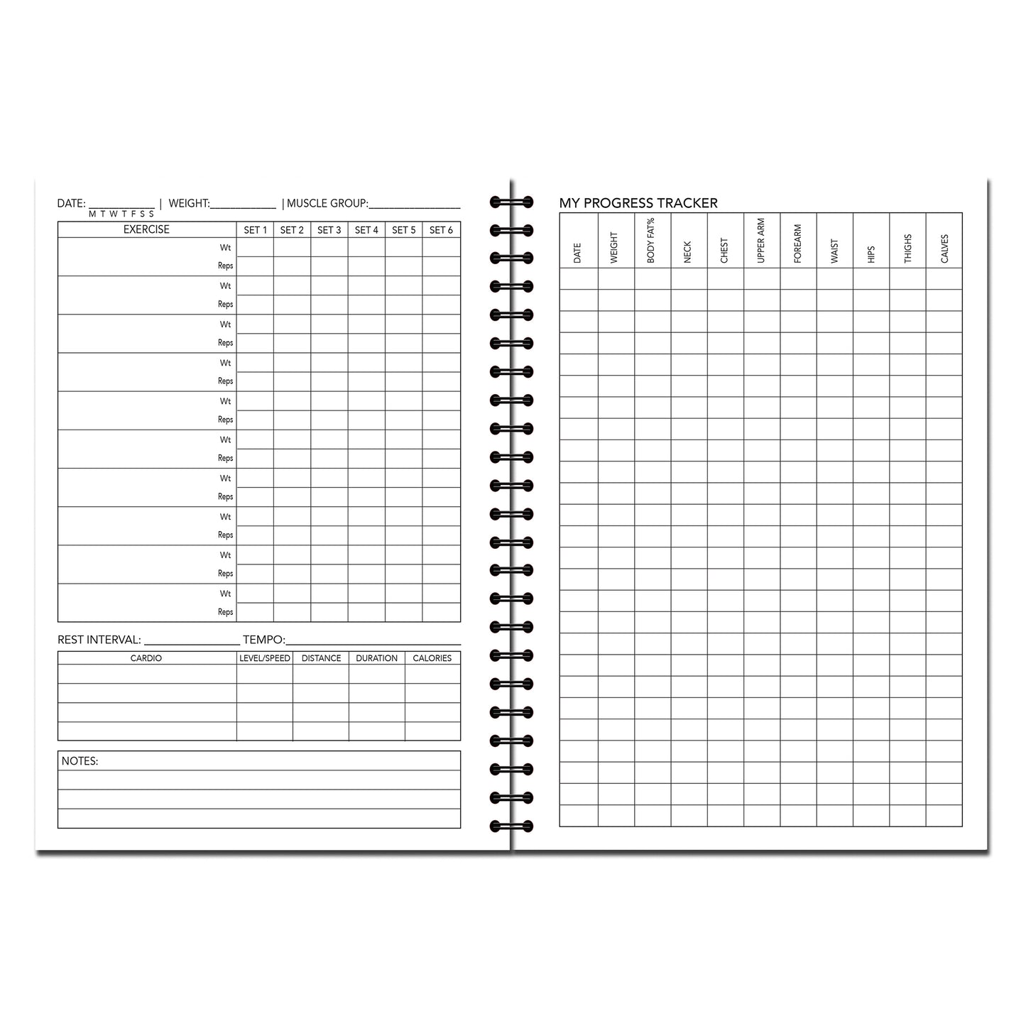 Weight Training & Workout Log Book | A5 (148mm x 210mm) | 52 double sided pages on 120gsm | Split Wirobound