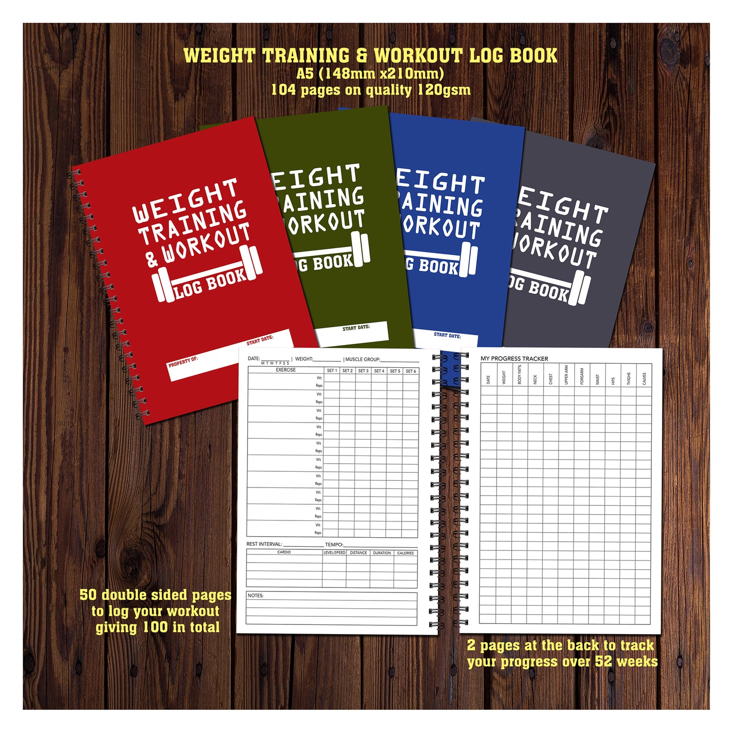 Weight Training & Workout Log Book | A5 (148mm x 210mm) | 52 double sided pages on 120gsm | Split Wirobound