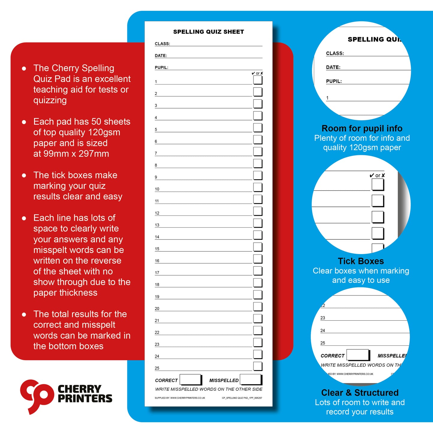Spelling Quiz & Test Pad | 99 x 297mm | 50 Sheets | 120gsm