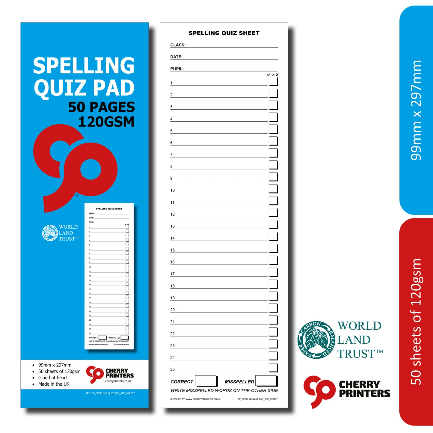 Spelling Quiz & Test Pad | 99 x 297mm | 50 Sheets | 120gsm