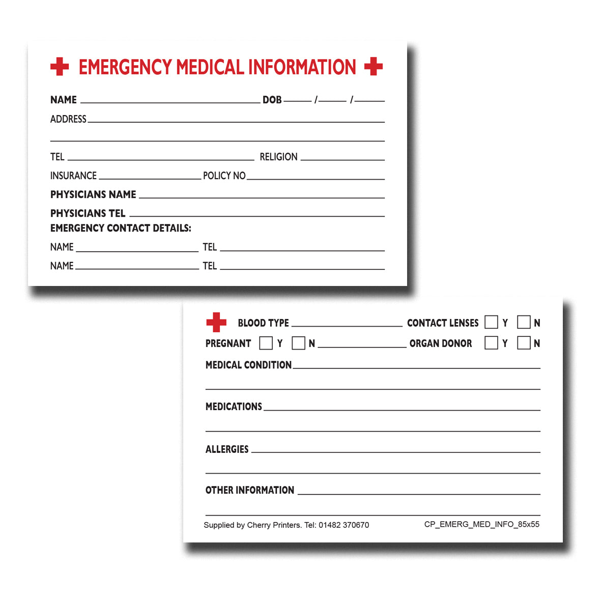 Emergency Medical Info Card | ICE | Pad of 25 cards | 85mm x 55mm