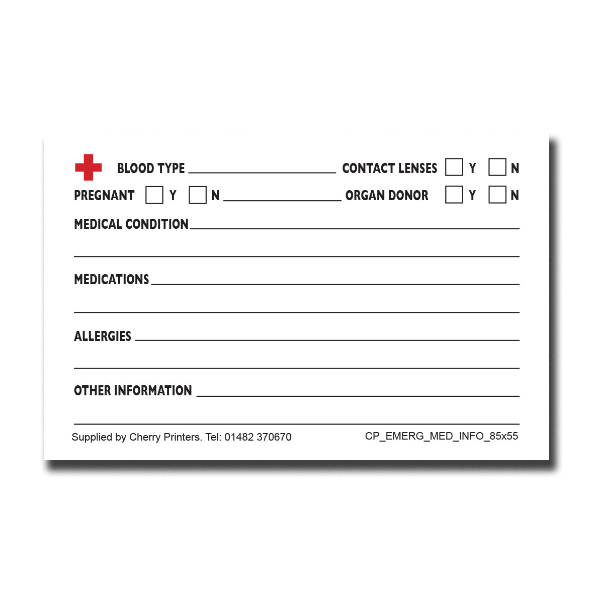 Emergency Medical Info Card | ICE | Pad of 25 cards | 85mm x 55mm