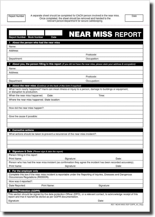 GDPR Near Miss Report Book A5 50 pages - RIDDOR & HSE Compliant