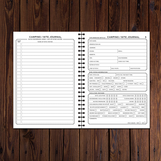 PERSONALISED Camping/Site Journal | Campsite Review | A5 (148mm x 210mm) | 51 double sided pages on 120gsm | Split Wirobound